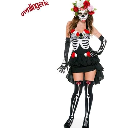 Sexy off shoulder neck halter zombie bride women skeleton halloween costume including flower circle,printed gloves and stocking