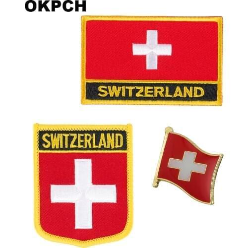 Switzerland National Flag Embroidered Iron on Patches for Clothing Metal badges PT0149-3
