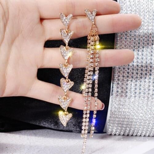 Glam Rhinestone Hearts and Cupchain Tassels Stylish Long Drop Earrings