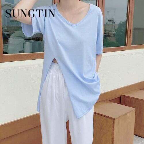 Sungtin Basic V Neck Oversized Split T Shirt Women Fashion Short Sleeve Thin Female T Shirt Comfortable Solid T-shirt Summer New