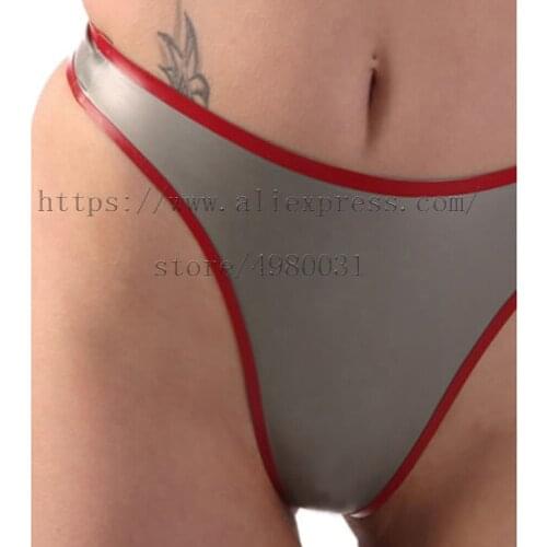 Novelty latex briefs 100% handmade latex T-back for women in silver with red trim colors