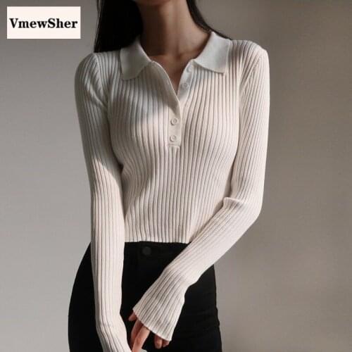 VmewSher Solid Knitted Pullovers Women Spring Autumn Vintage Lapel Single-breasted Short Slim Sweater Tops Female Basic Knitwear