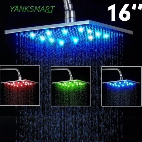 YANKSMART Bathroom Staniless steel 16" Chrome Finish Square 3 Color LED Light Rainfall Shower Head