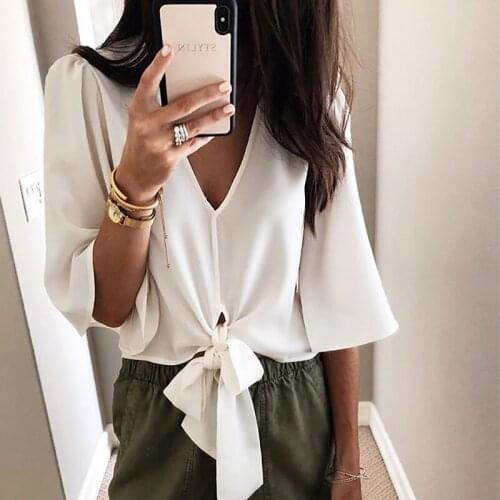 Women Deep V-Neck Shirt Ladies Beach Style Solid White Short Sleeve Short Blouse