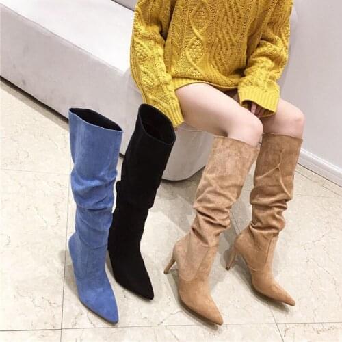2021 Womens Shoes Winter Thin Heels Sexy Fashion Leisure Slip-On Solid Pointed Toe Square Heel Pleated Knee-High Modern Boots