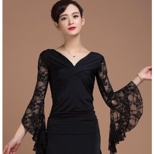 New Latin Dance Tops Women Long Sleeve Lace Black Clothes Latin Competition Dress Female Rumba/Tango/Samba Costume DQL1519
