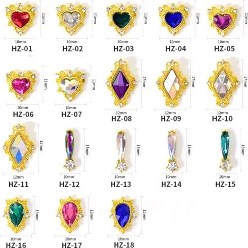 10 Pcs Nail Art Crystal Charms Love Heart/Diamond Rhinestones Gold Flatback Gems For Nail Jewelry Strass Manicure