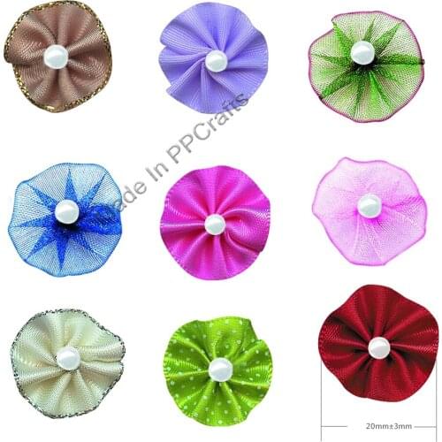 20MM Organza/Satin/Dots Ribbon Rosette Flower With Bead For Packing Cloth Hairbow DIY Crafts 200pcs Free Shipping