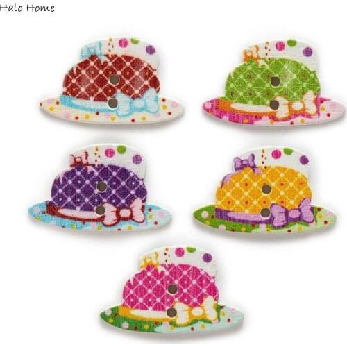 30pcs Hat Cake Cartoon Cute Wood Button Sewing Scrapbooking Clothing Headwear Handmade Crafts Home Decor Accessories DIY 25x15mm