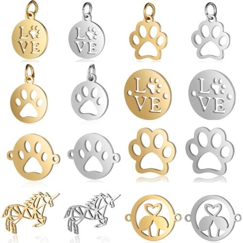 5pcs/lot Pet Dog Paw Print DIY Charms Wholesale Stainless Steel Unicorn Pendant Flamingo Connectors Charm For Jewelry Making