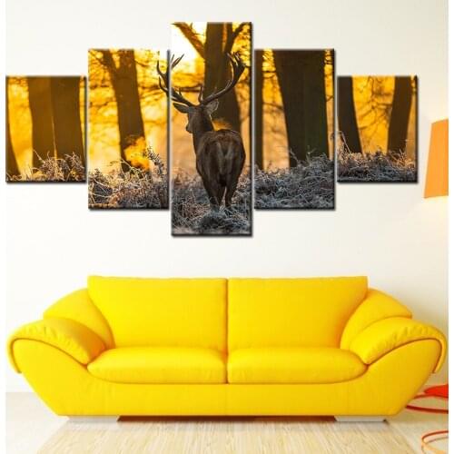 HD Wall Art Printed Canvas Home Decor 5 Pieces animal deer walking in fall trees Modular Posters Painting free shipping