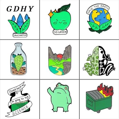 GDHY 9 Style Green Brooch Plants Animals Enamel Pin Skeleton Frog Science Earth Water Cactus Protect Environment Badge Jewelry