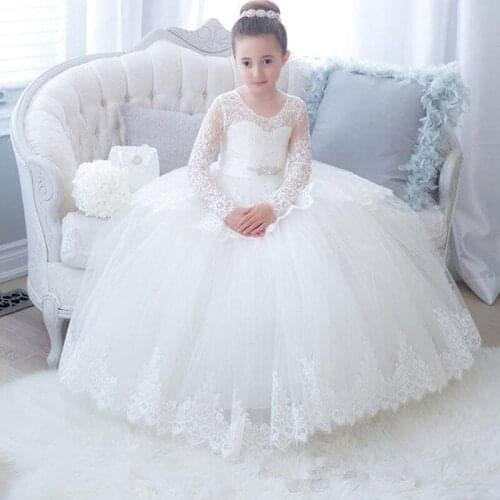 Elegant Baby Girl Long Lace Princess Full Sleeves Flower Girl Dress Girls First Communication Dress 2021 with Sash