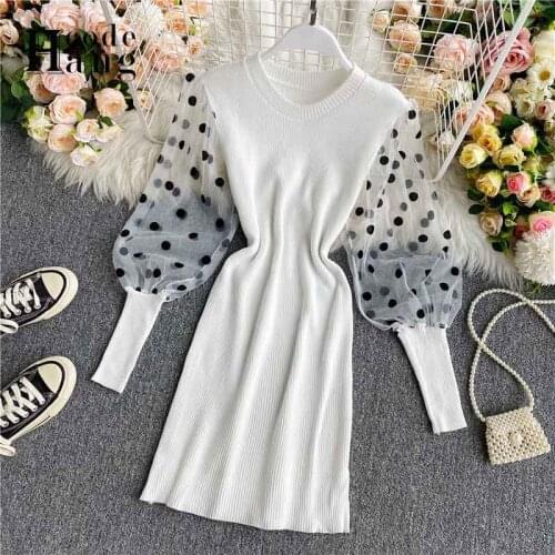 HangCode Early Autumn Dress 2021 Fashion Dot Chiffon Puff Sleeve Knit Sweater Dress Women Basic Short Bodycon Dress Vestidos