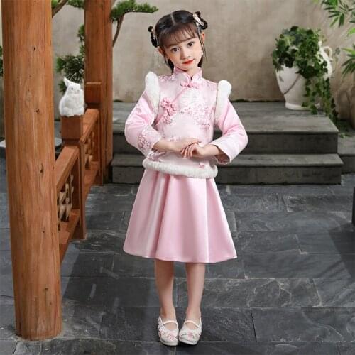 Autumn And Winter Girls Two Piece Embroidered Vest Dress Performance Costume Birthday Party Evening Dress Flower ChildrensWear