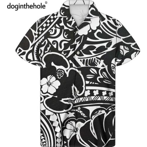 Guayabera Cuban Shirts for Mens Summer Casual Short Sleeve Tops Black And White Hawaii Ethnic Tribal Print Beach Batik Shirt
