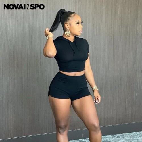 NOVAINSPO Hooded Short Sleeve Black Solid Tops And Shorts Sets High Waist Casual Sportswear Playsuit For Women 2021 Matching Set