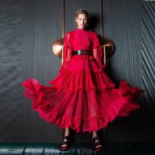 Newest Red Ankle Length Women Dresses With Flounce See Thru Full Sleeves High Collar A-line Female Dress Party