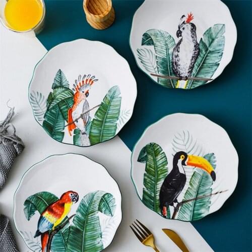 8 Inch Hand-painted Bird Dinner Plate Under-glazed Ceramic Flower Parrot Steak Plate Dessert Fruit Tray Microwave Dinnerware