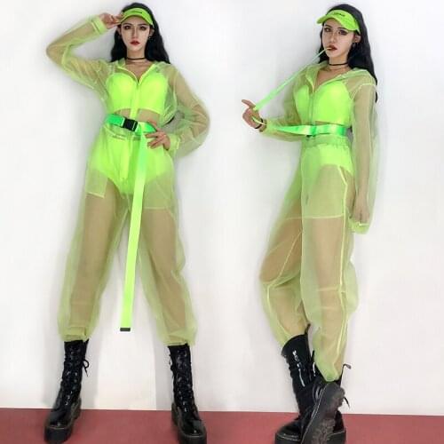 Nightclub Gogo Ds Dancing Performance Clothes Fluorescent Green Mesh Bodysuit Bikini Set Street Dance Jazz Dance Wear YS1831