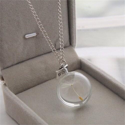 Wish Bottle Necklace Ball Lucky Bottle Real Natural Dandelion Seeds Botanical Pendant Long Chain Necklace For Women Jewelry