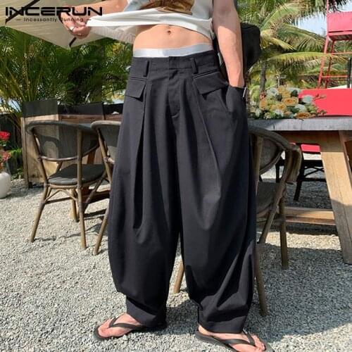 Stylish INCERUN 2021 New Mens Casual Trousers Korean Style Pantalones Male Loose-Fitting Wide-footed Bloomers Drape Pants S-5XL