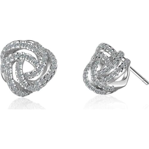 Fresh temperament fashion trend personality versatile geometric crystal design silver plated stud earrings WE082