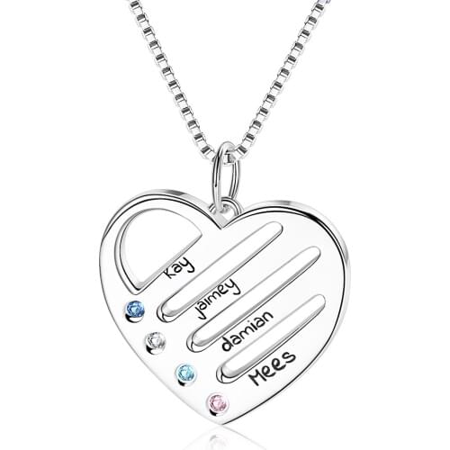 Xiaojing 925 Sterling Silver Personalized Mothers Heart Necklace with 4 Birthstones & Names for Women Sterling Silver Jewelry