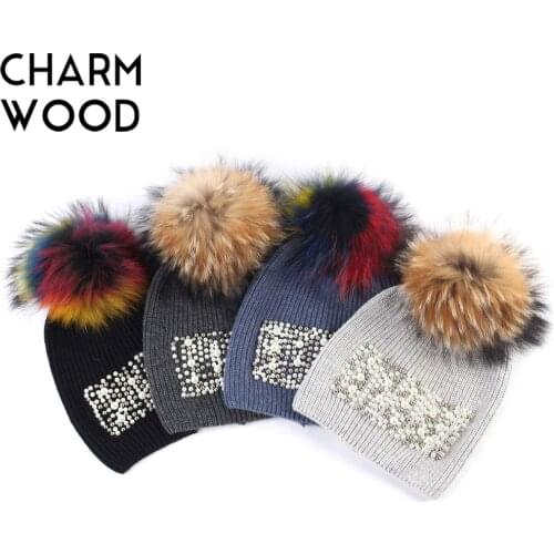 Womens Pearl Beanie Hats with Real Fur Pompom Winter Knitted Cashmere Slouchy Beanies for Women Skullies gorros mujer invierno