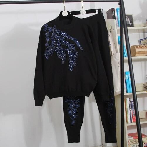 Sequins Embroidery Flowers Knitted Tracksuits Outfits Women Loose Fashion Black Knit Sweater Pencil Pants Two Piece Set Female