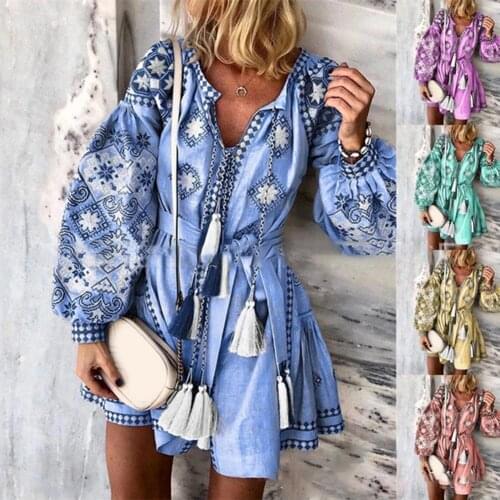 2021 Women Floral Print Dress Elegant Lantern Sleeve Women Vintage Long Lantern Sleeve Floral Print Tassel Belt Party Mini Dress