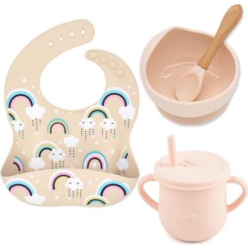 4Pcs/Set Baby Silicone Tableware Waterproof Heart Printing Bib Food Grade Cup Non-Silp Suction Bowl Child Feeding Accessories