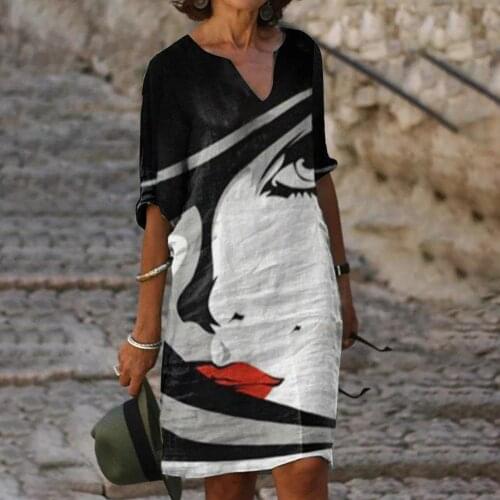 Abstract Painting Dress Women Face Printing Vintage Aesthetic Dress 2021 Summer Casual Dresses For Women Vestidos Verano Robe