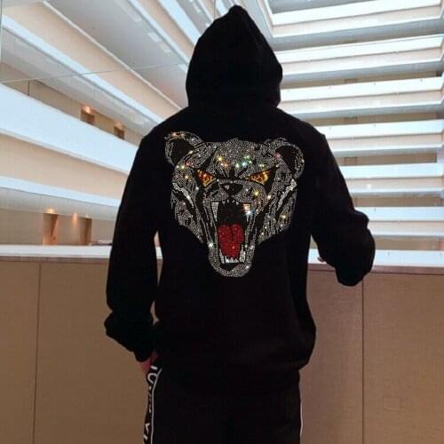 Asian Personality Pullover Rhinestone Luxury Mens Hoodie Brand Warm Thick Sweatshirt Hip Hop Loose