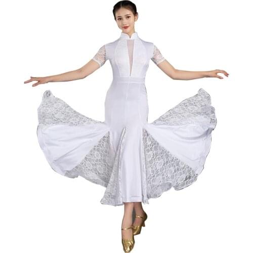 White Lace Short-Sleeved Ballroom Dance Smooth Dress For Women