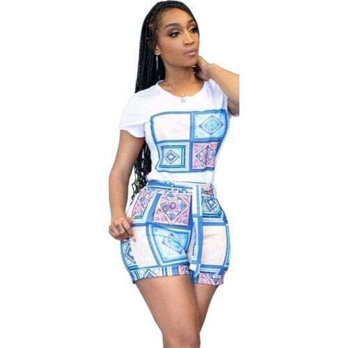 Women Print Tracksuit Set Lady 2021 Summer Sexy Short Sleeve 2pcs Set Elegant Pullover Tops And Elastic Waist Short Pants Sets
