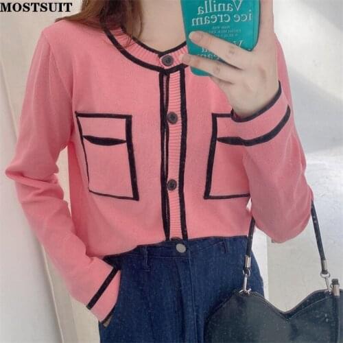 Elegant Chic Knitted Cardigan Tops Women 2021 Autumn Full Sleeve O-neck Single-breasted Sweaters Patchwork Vintage Ladies Jumper