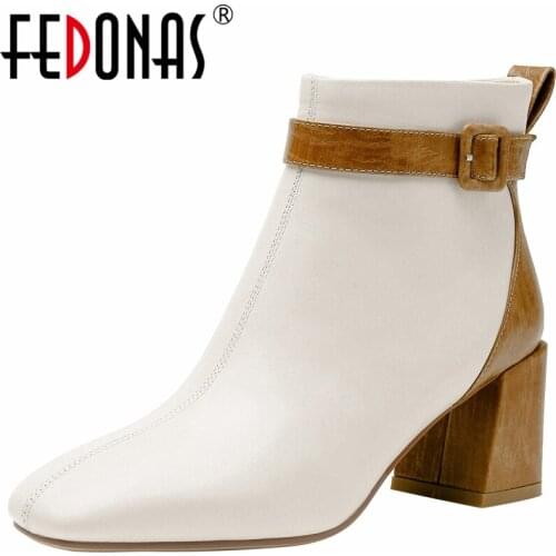 FEDONAS Basic New Buckle Women Ankle Boots Autumn Winter Genuine Leather Office Lady Concise High Heels Shoes Woman 2021 Fashion