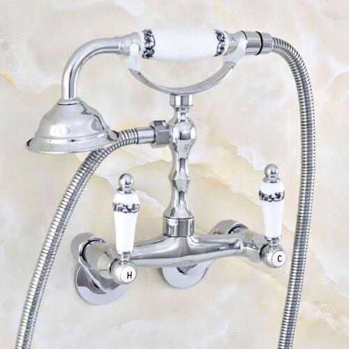 3-3/8" Chrome Bathroom Shower Faucet Mixer Tap With Hand Held Shower Head Set Double Handles Wall Mounted Bathroom Faucet zqg410