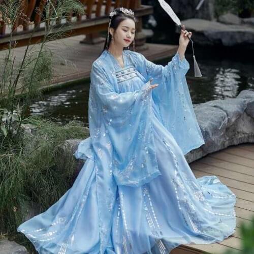 Chinese Ancient Traditional Performance Outfits Fantasia Couples Cosplay Costume Fancy Plus Size White Blue Chinese Dress Women