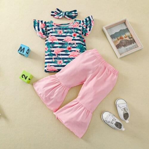 Wallarenear 1-6Years Toddler Kids Baby Girls 3-piece Outfit Set Fly Sleeve Flamingo Print Tops+Flared Pants+Headband FashionSet