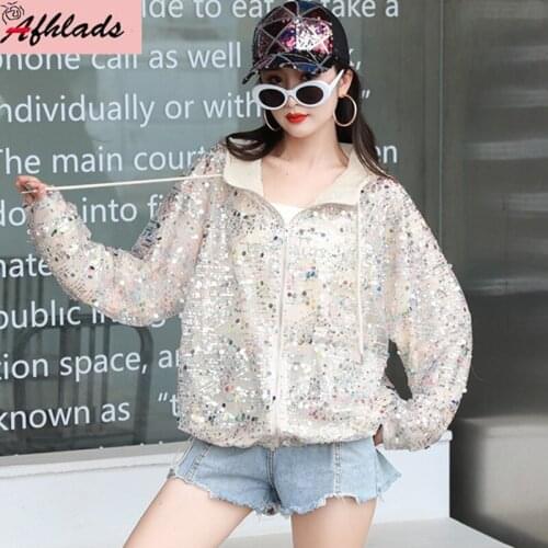 Summer New Streetwear Hooded Womens Clothing Zipper Cardigan Jacket Loose Embroidery Sequins Long Sleeved Outerwear Coats