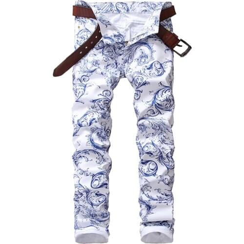 Mens Fashion 3D Pattern Slim Skinny Printed Jeans Blue White Stretch Denim Pants Teenagers Flowers Jeans