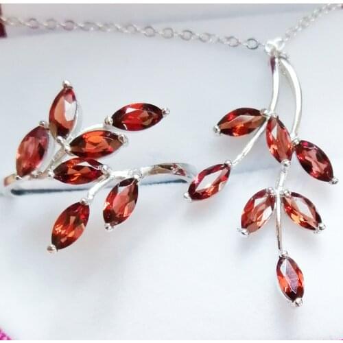 Garnet jewelry set Free shipping Leaves shape Natural real garnet 1pc ring,1pc pendant 925 sterling silver 0.1ct*14pcs gems #C92