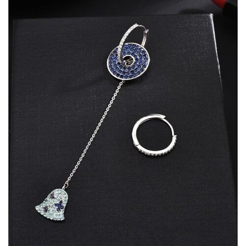 New Fashion Hipster Ear Buckle Lake Blue Color Micro Inlaid Zircon Long Disc Wind Chime Earrings Asymmetric Ear Jewelry