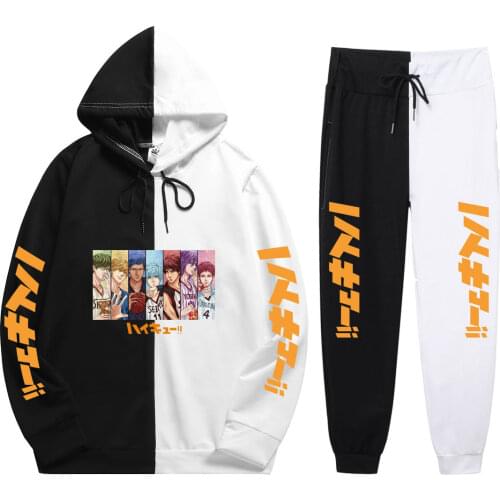 New Summer 2 Pieces Sets Hot Anime Haikyuu Print Patchwork Thin Hoodie+Patchwork Pants Fashionable And Versatile Sweatshirt