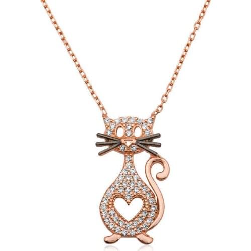 Real Silver 925 Jewelry Sterling Silver Heart Cat Necklace