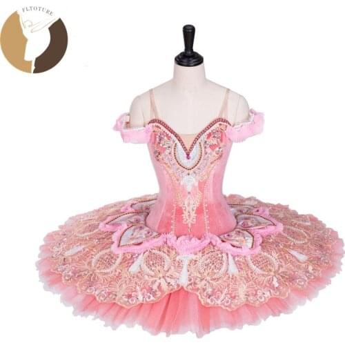 FLTOTURE AT1297 Pink Ballet Tutu Professional Ballet Pancake Velvet Fabric With Lace Decorations Skirts Sleep Beauty Costumes