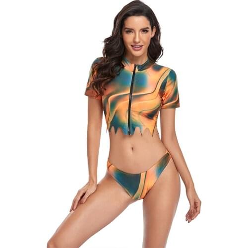 Sexy Women Bikini 2021 Zipper Tankini Short Sleeve Sport Swimsuit High Waist Bather Bathing Suit Beachwear Brazilian Biquini New