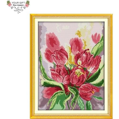 Your Gift H720 14CT 11CT Counted and Stamped Home Decor Pink Tulip Needlework Needlepoint Embroidery DIY Cross Stitch kits